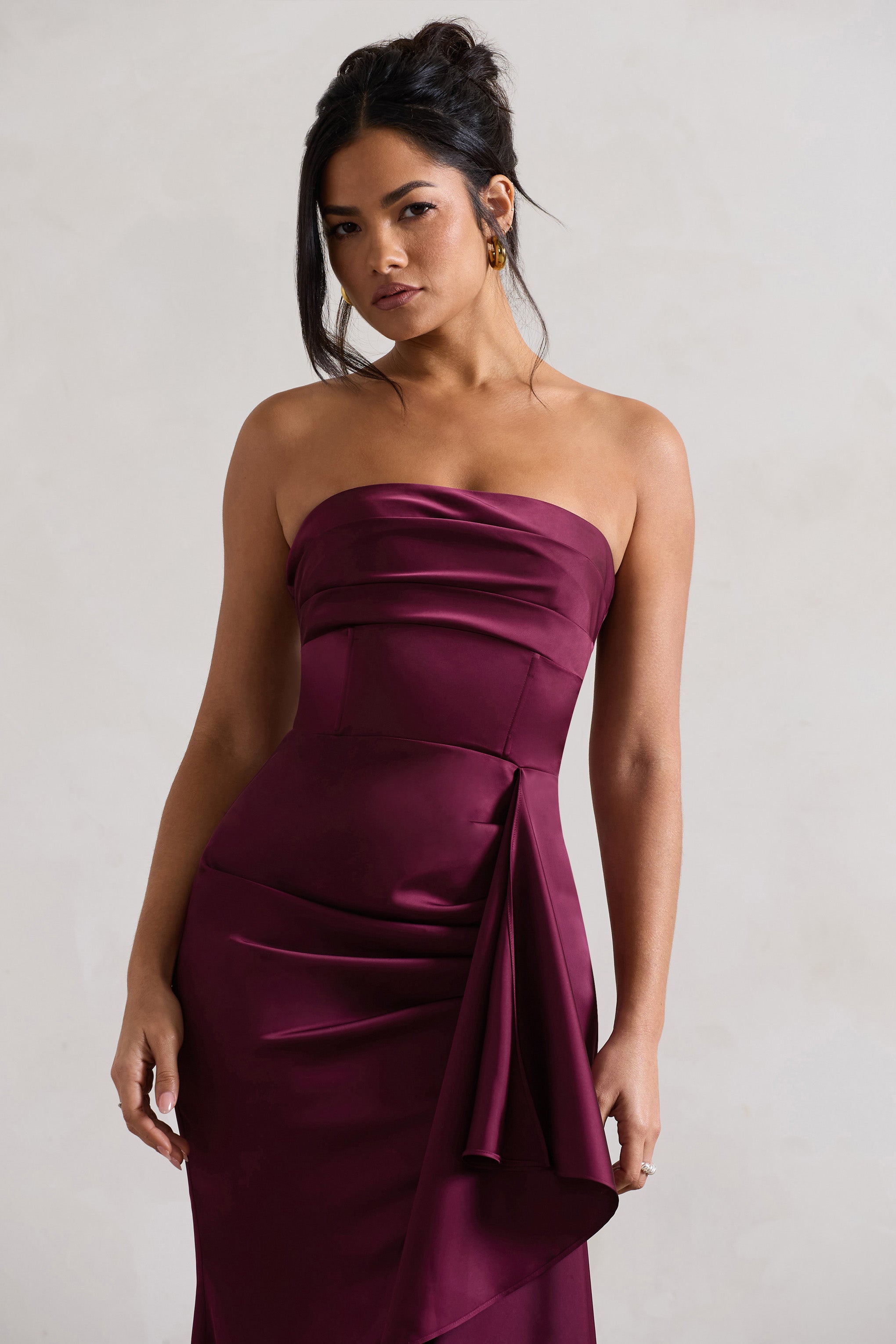 Ace | Plum Satin Bandeau Split Maxi Dress With Ruffle Drape