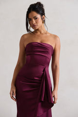 Ace | Plum Satin Bandeau Split Maxi Dress With Ruffle Drape