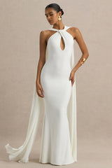 Rhoda | White Twist Halter-Neck Cape Maxi Dress