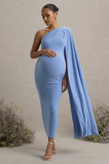 Amaryllis | Powder Blue Maternity One Shoulder Maxi Dress with Cape Sleeve