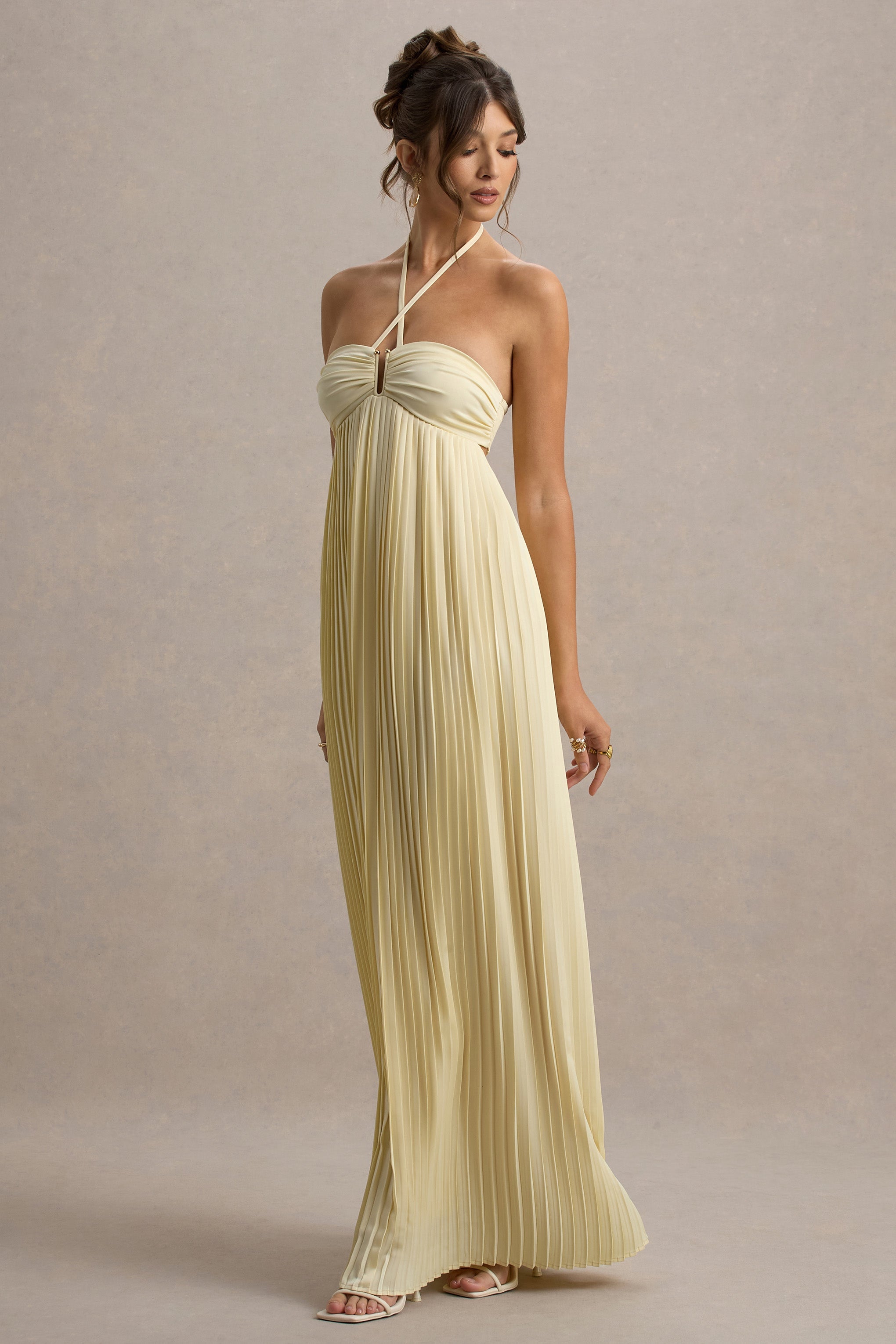 Elayne | Pale Lemon Halter-Neck Maxi Dress With Cut-Out Detail