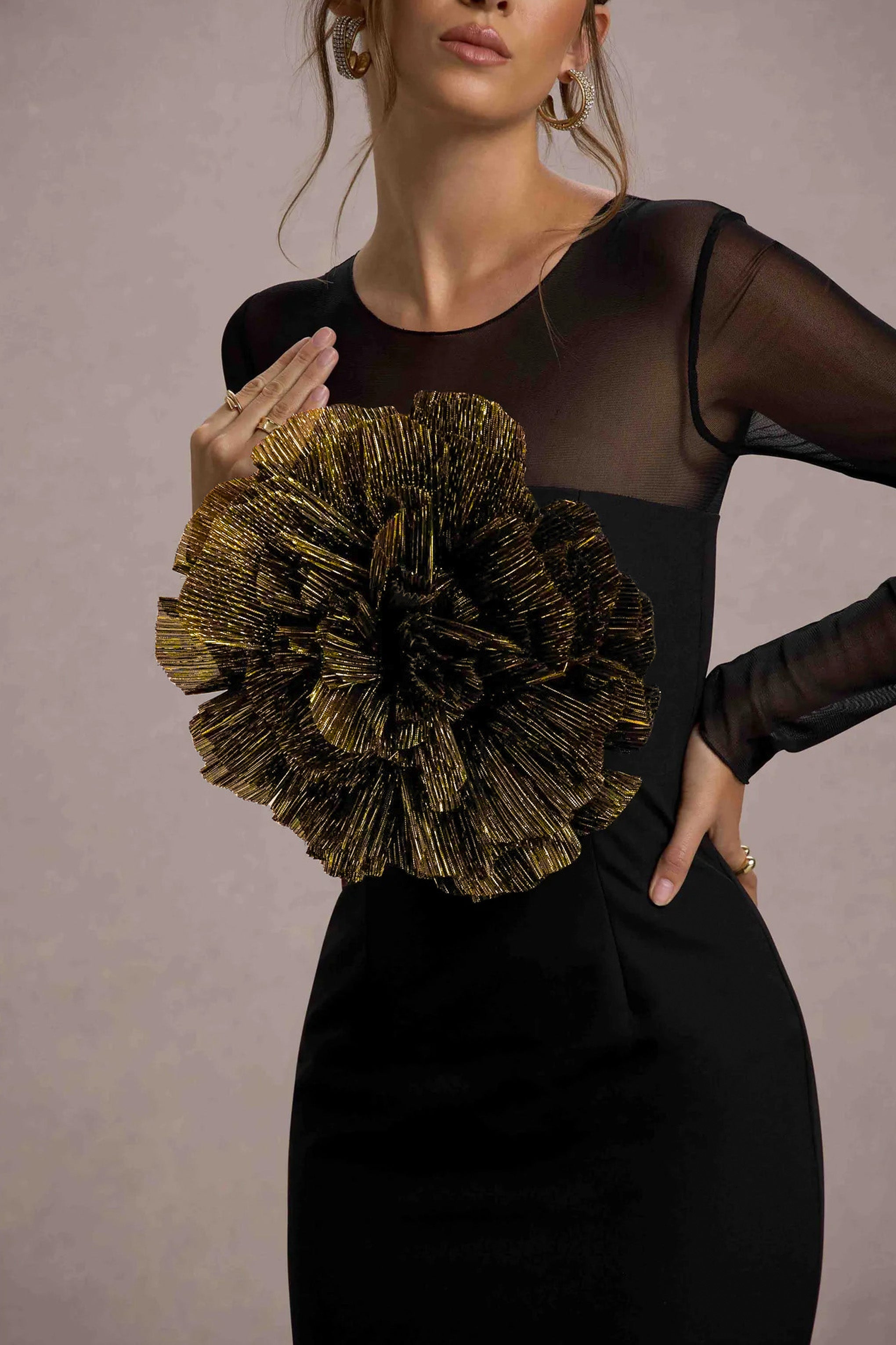 Ruchi | Black Sheer Mini Dress With Corsage Detail