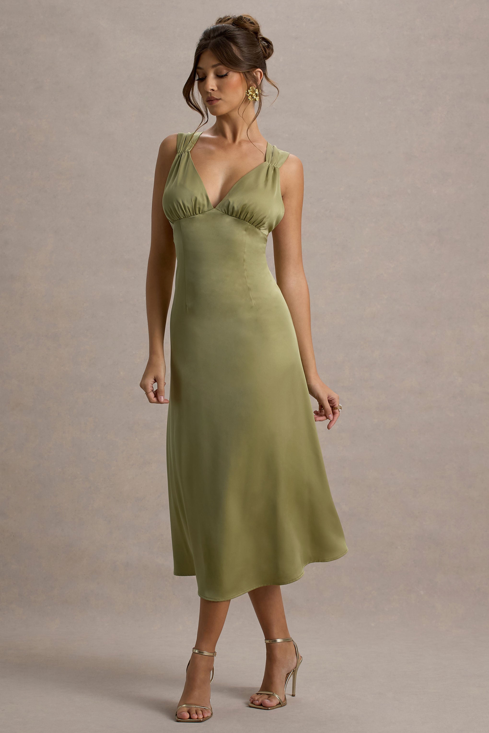 Beck | Light Green Satin Plunge-Neck Cross-Back Midi Dress