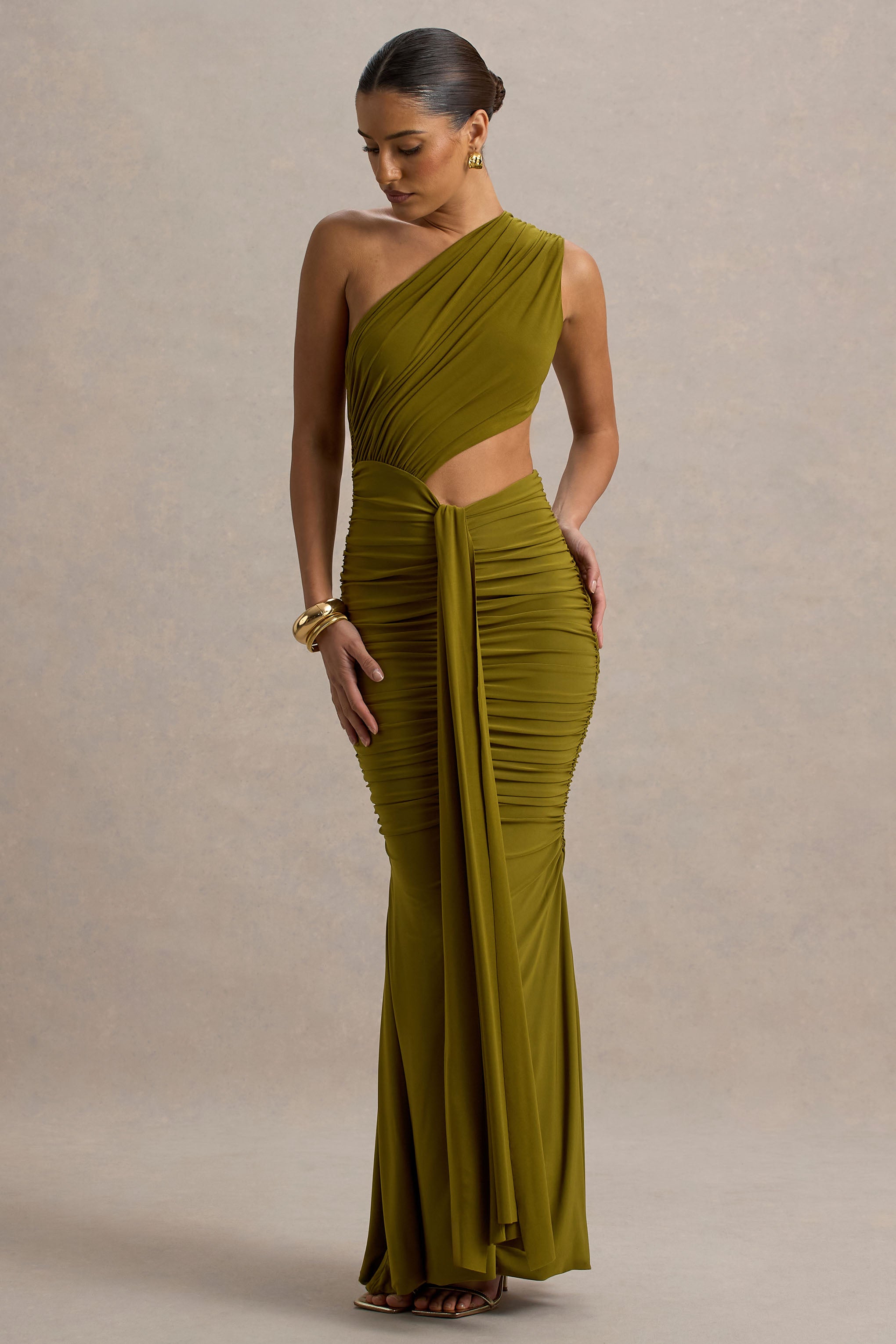Beline | Green One-Shoulder Cut-Out Maxi Dress With Drape