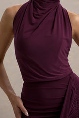 Hayden | Burgundy High-Neck Draped Split Maxi Dress