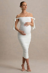 Chandelier | White Bardot Maternity Midi Dress With Bow Details