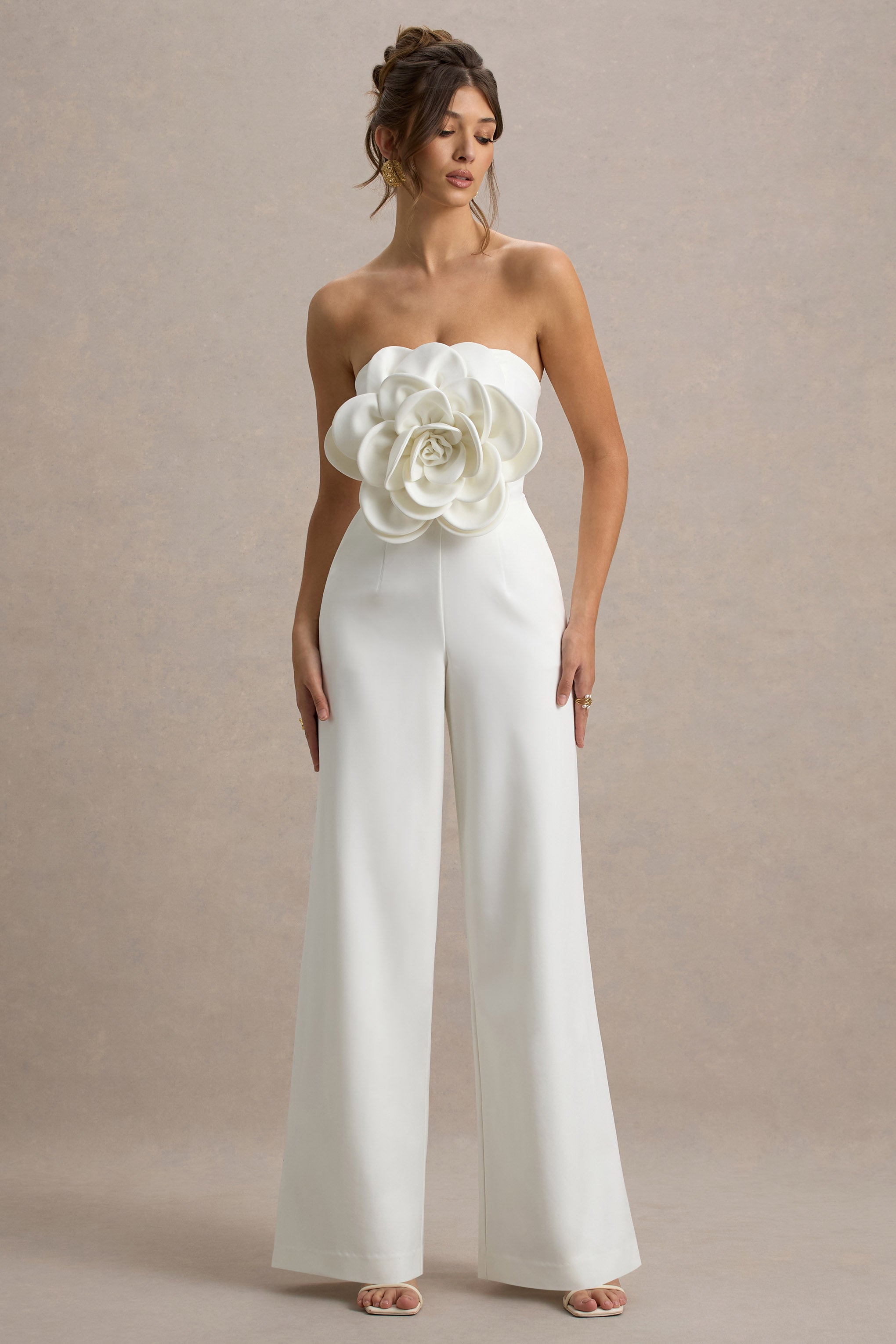 Opia | White Bandeau Wide-Leg Jumpsuit With Large Floral Corsage