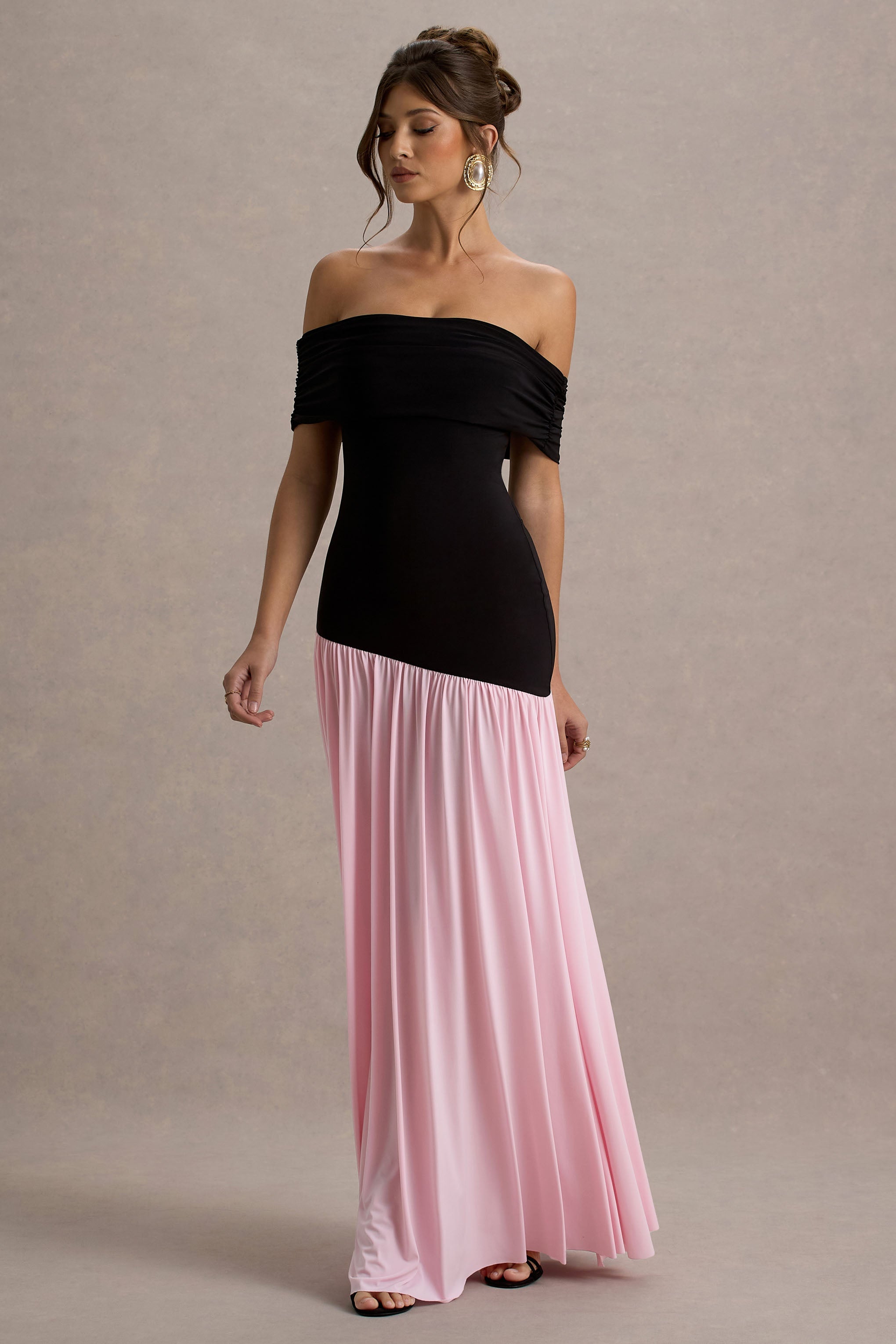 Venezia | Black & Pink Bardot Puff-Skirt Maxi Dress