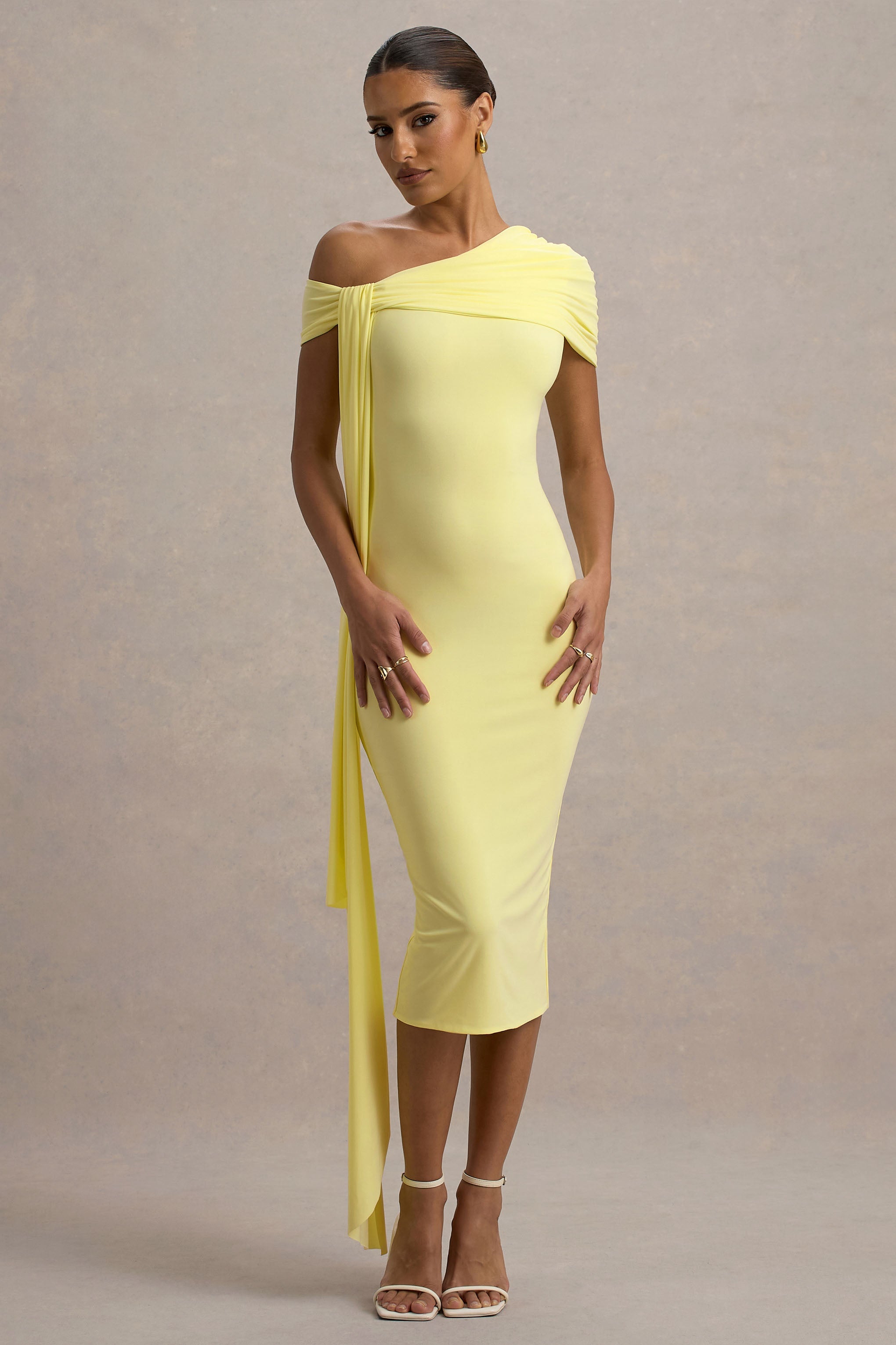 Vallea | Lemon One-Shoulder Draped Midi Dress