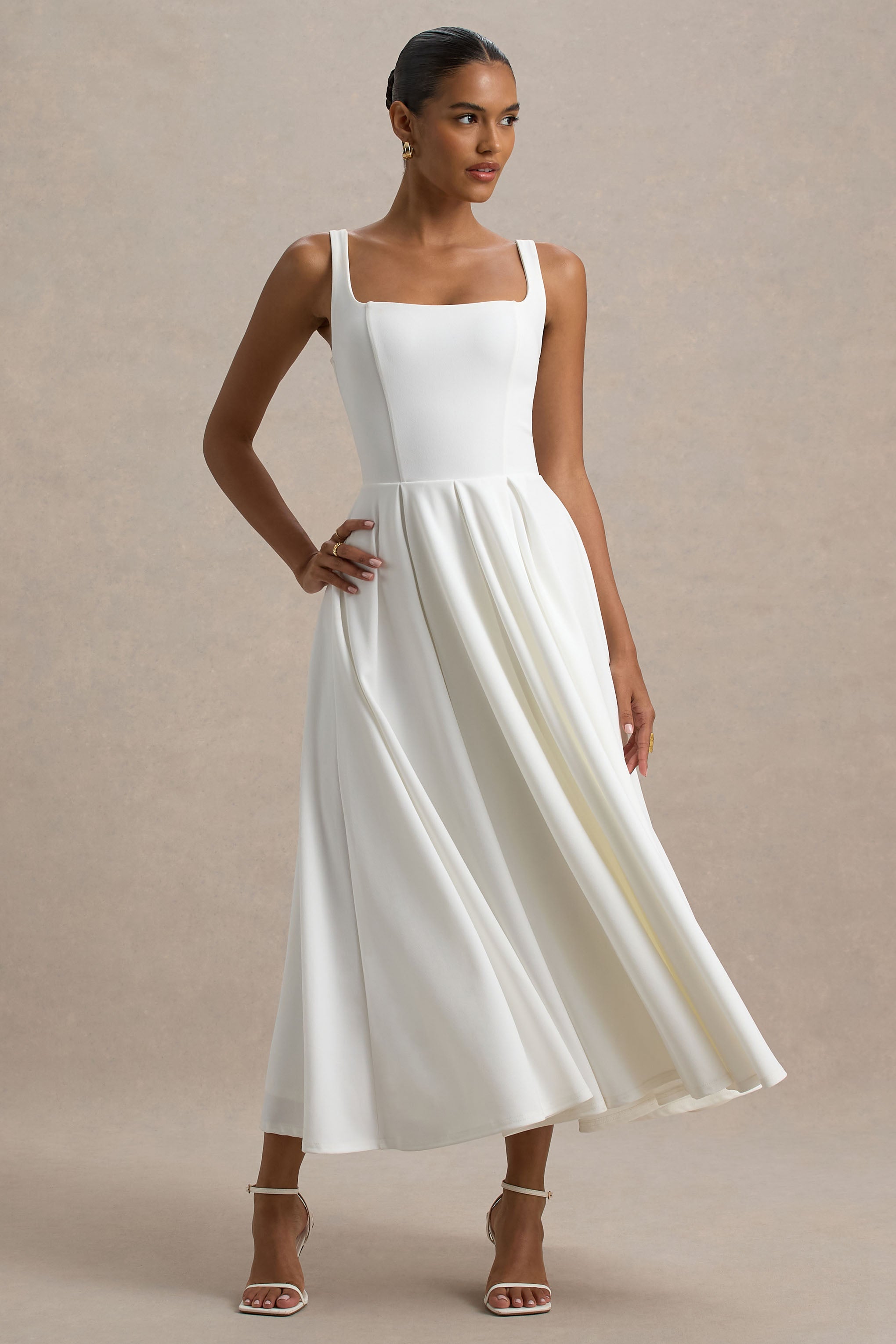 Parina | White Strappy Volume-Hem Midi Dress