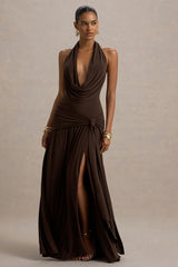 Mist | Brown Plunge-Neck Split Maxi Dress