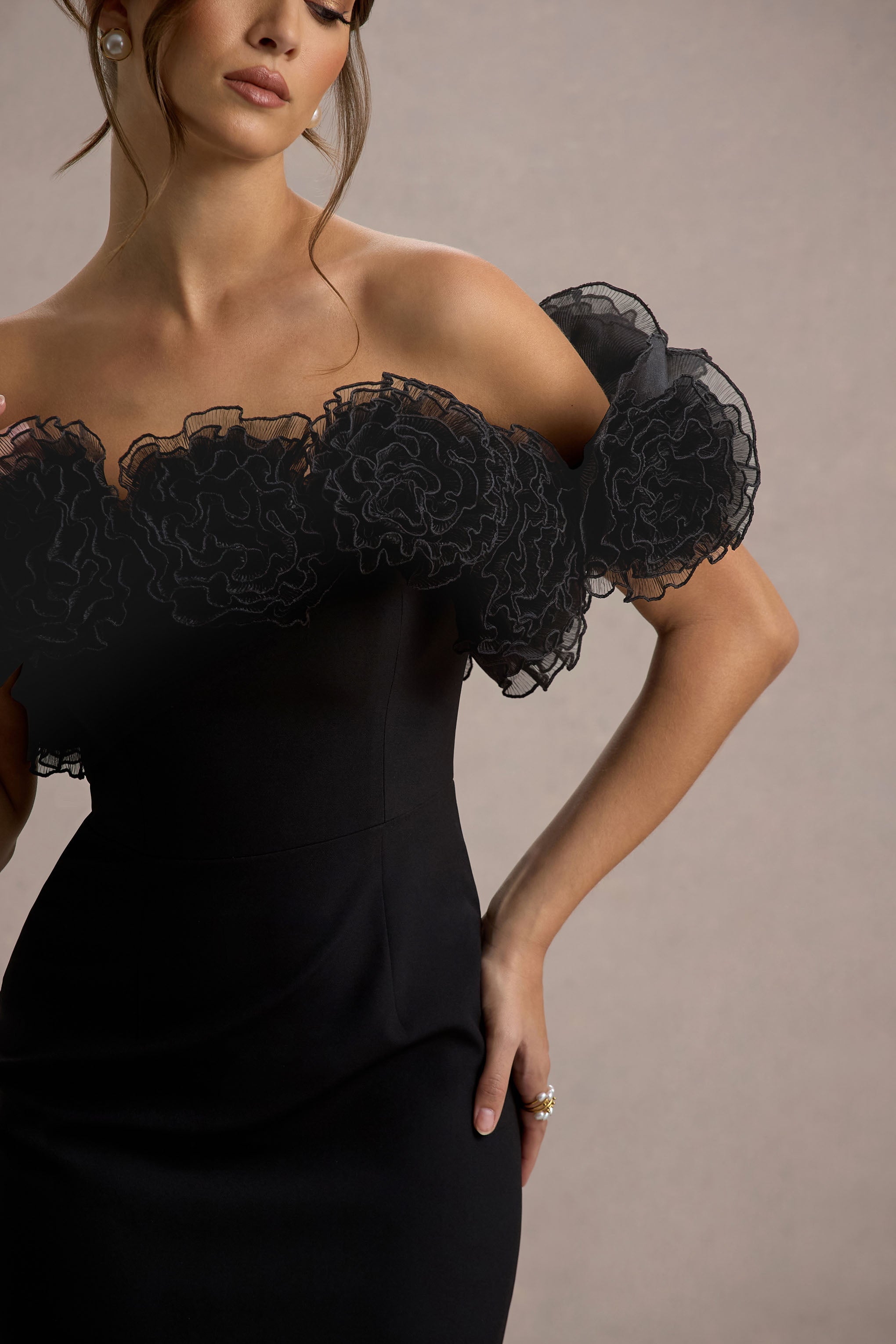 Alizzi | Black Bardot Midi Dress With Ruffle Trim