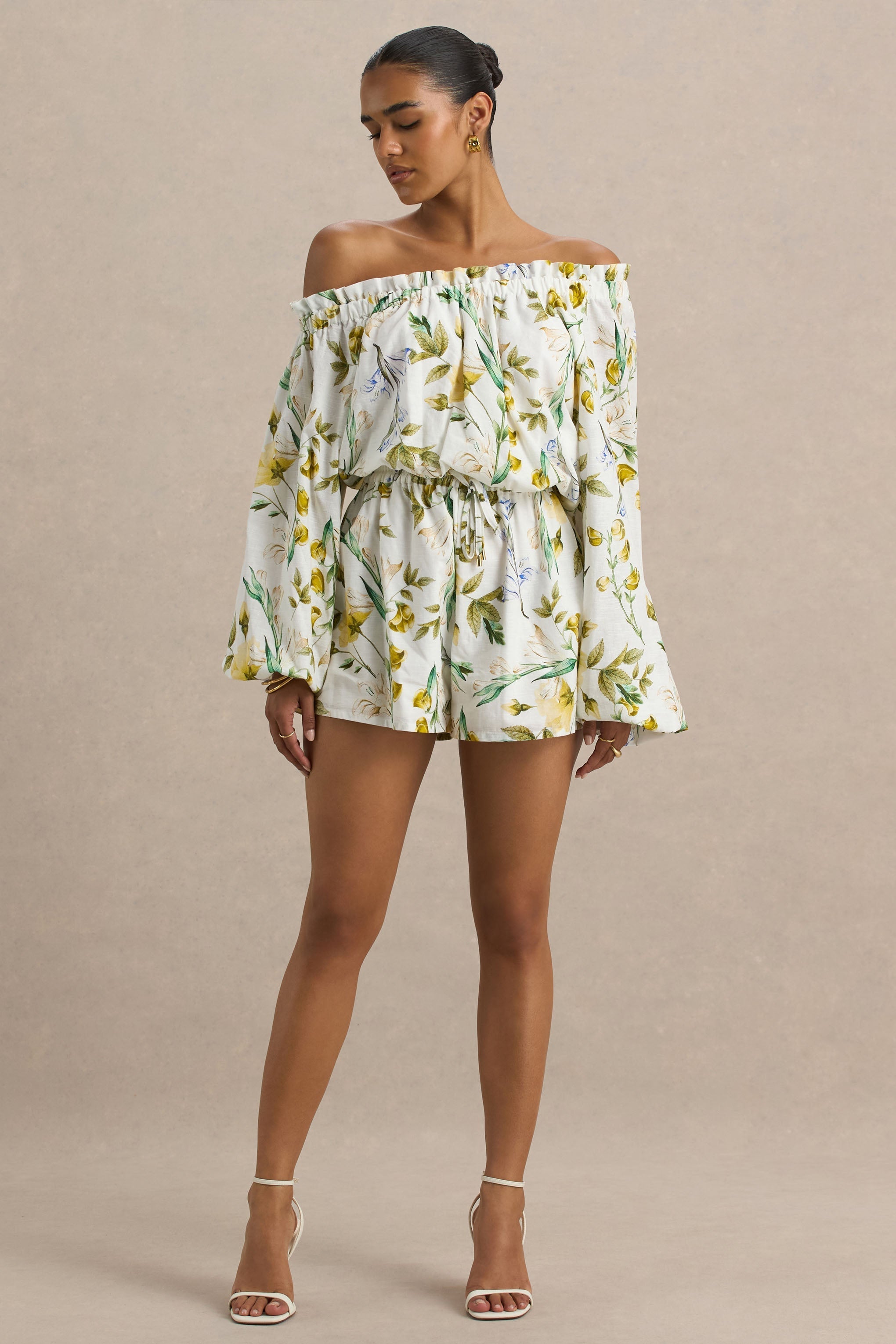 Waterfall | White Botanical Print Linen Asymmetric Long-Sleeve Playsuit