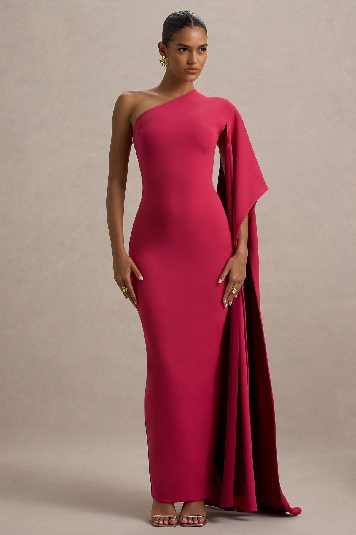 Lily | Hot Pink & Burgundy Asymmetric Maxi Dress With Cape Sleeve