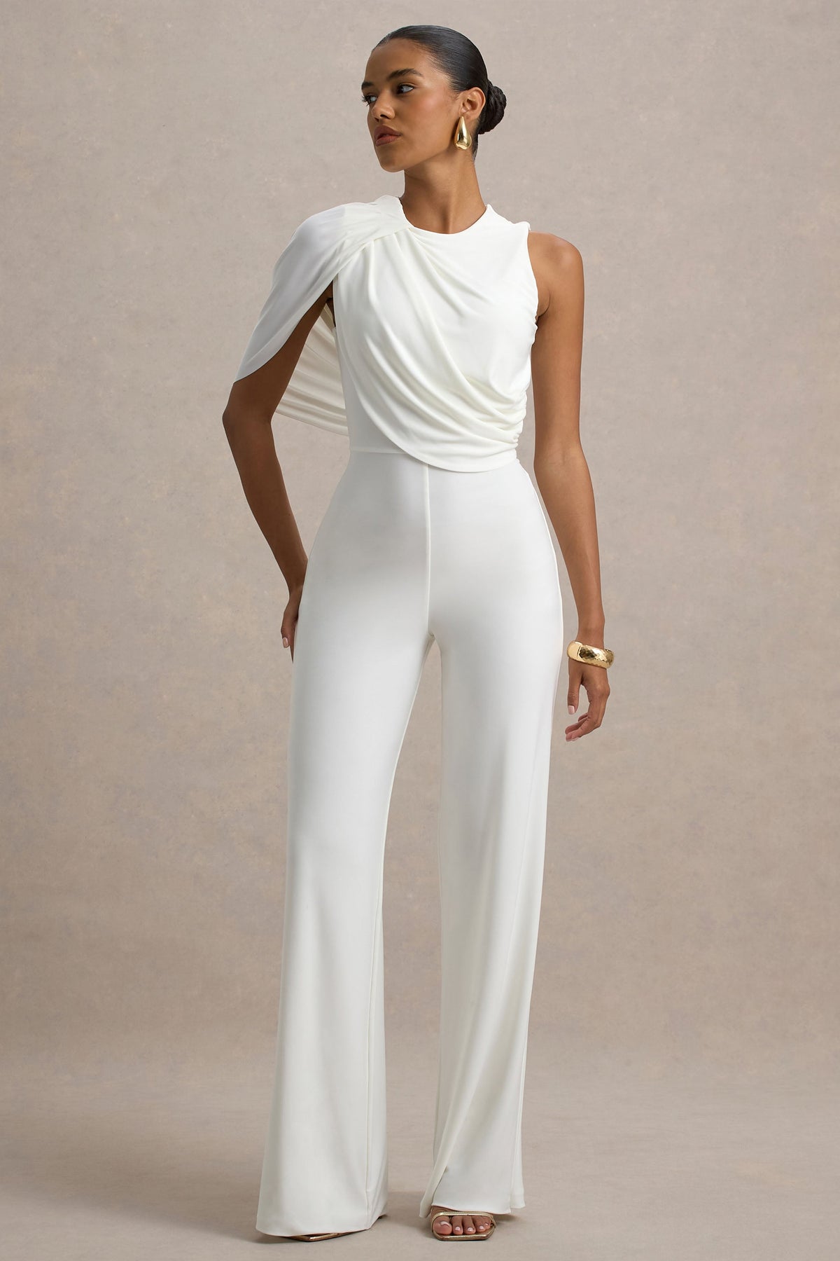 Opulence | White Jumpsuit With Cape Sleeve and Draped Details