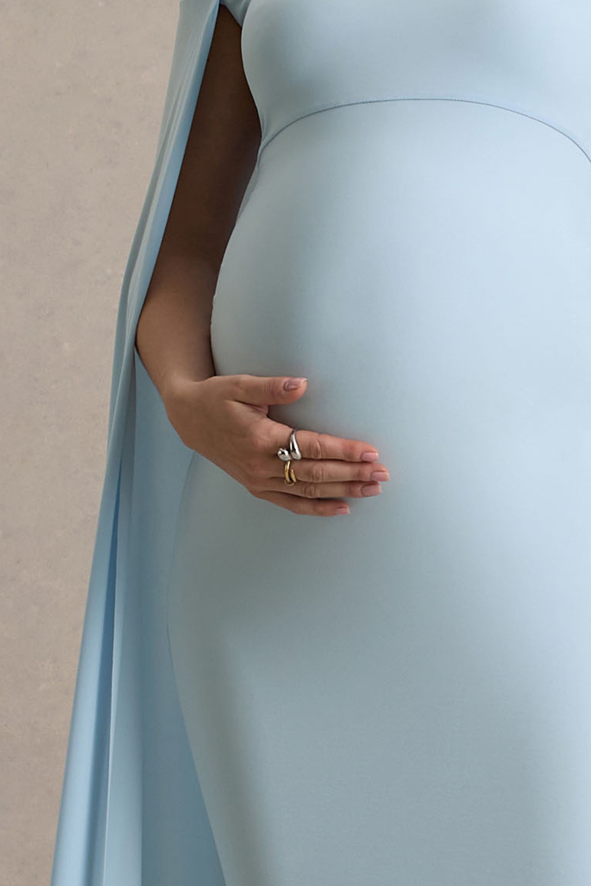 Radiance | Powder Blue Bardot Maternity Maxi Dress With Cape