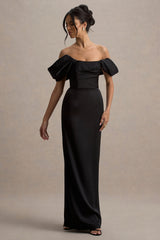 Annita | Black Satin Bardot Maxi Dress