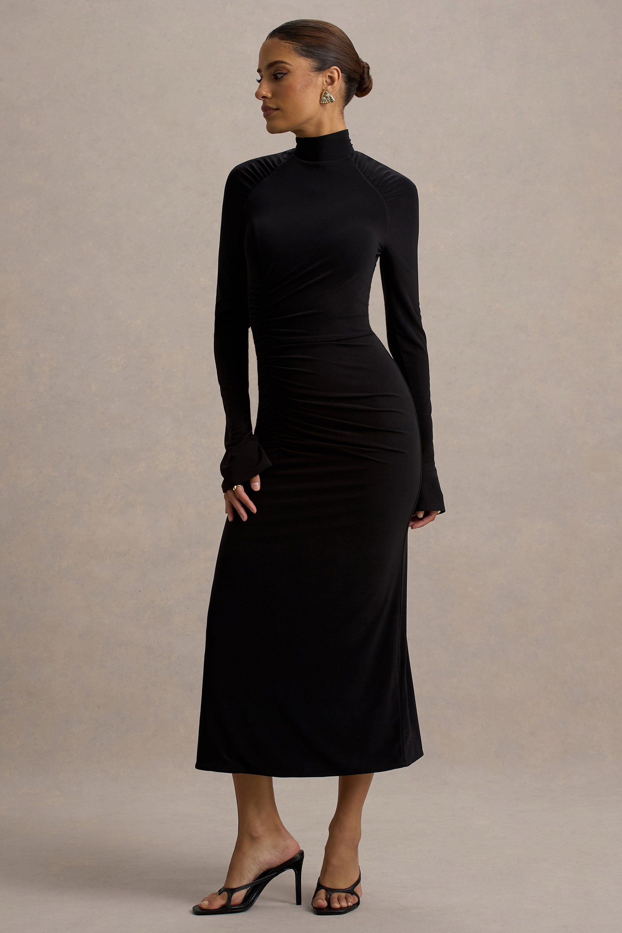 Cassandra | Black High-Neck Long-Sleeve Midi Dress