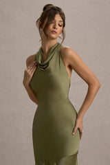 Amelita | Khaki Satin Cowl-Neck Maxi Dress