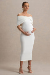 Droplet | White Bow Bardot Maternity Midi Dress