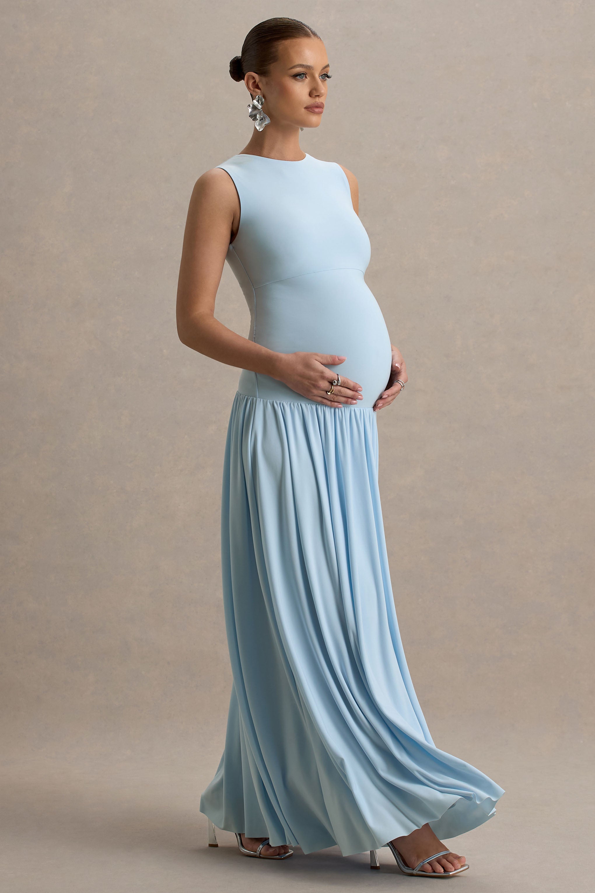 Outline | Powder Blue Maternity Maxi Dress With Draped Skirt