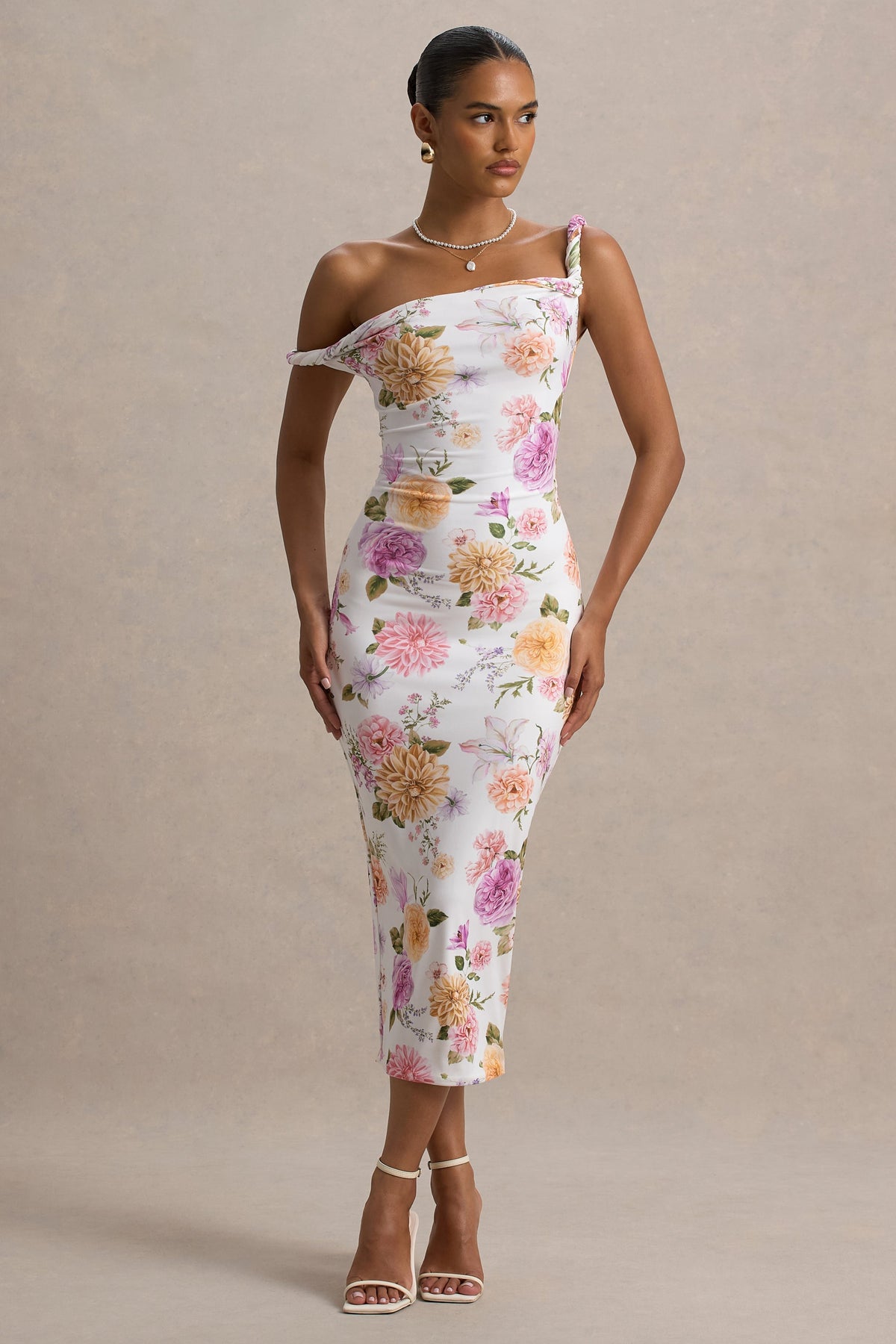 Nora | Peach And Lilac Floral Twisted Asymmetric Midi Dress