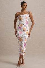 Nora | Peach And Lilac Floral Twisted Asymmetric Midi Dress