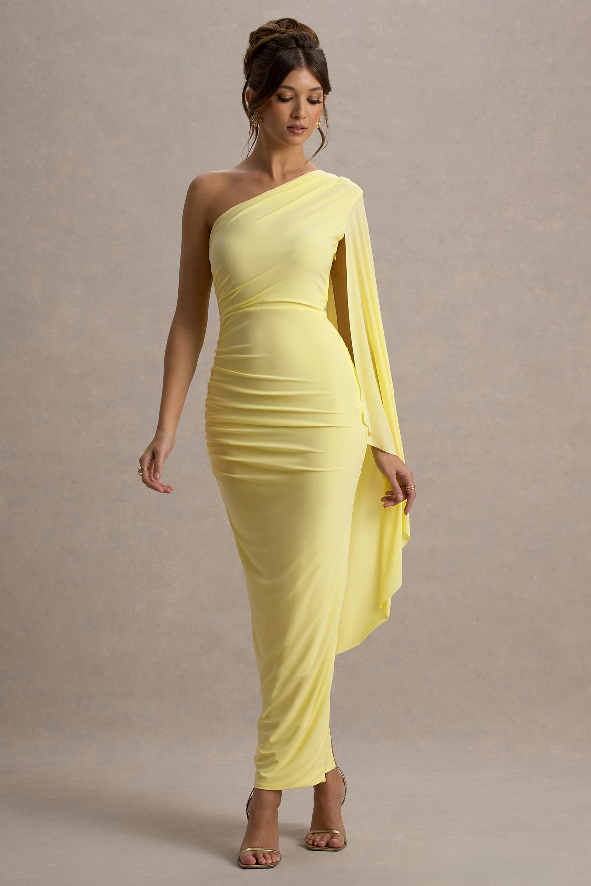Clementina | Lemon Asymmetric Cape Sleeve Maxi Dress