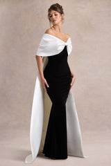 Wanting More | Black & White Satin Cape Maxi Dress With Oversized Bow