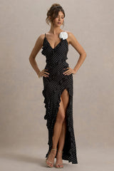Annabelle | Black Polka Dot Ruffled Maxi Dress With Corsage