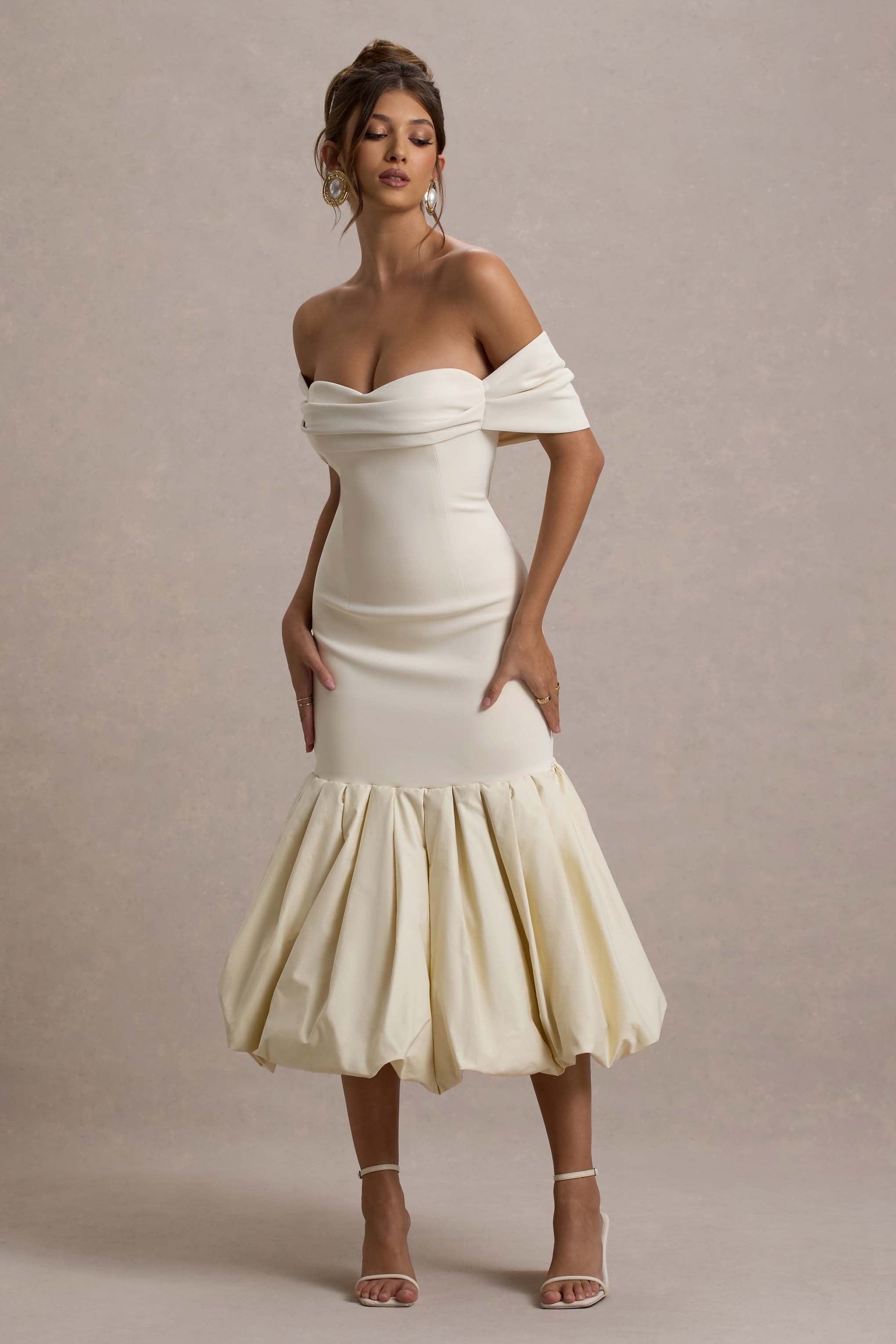 Posie | Stone Bardot Midi Dress With Puffball Hem