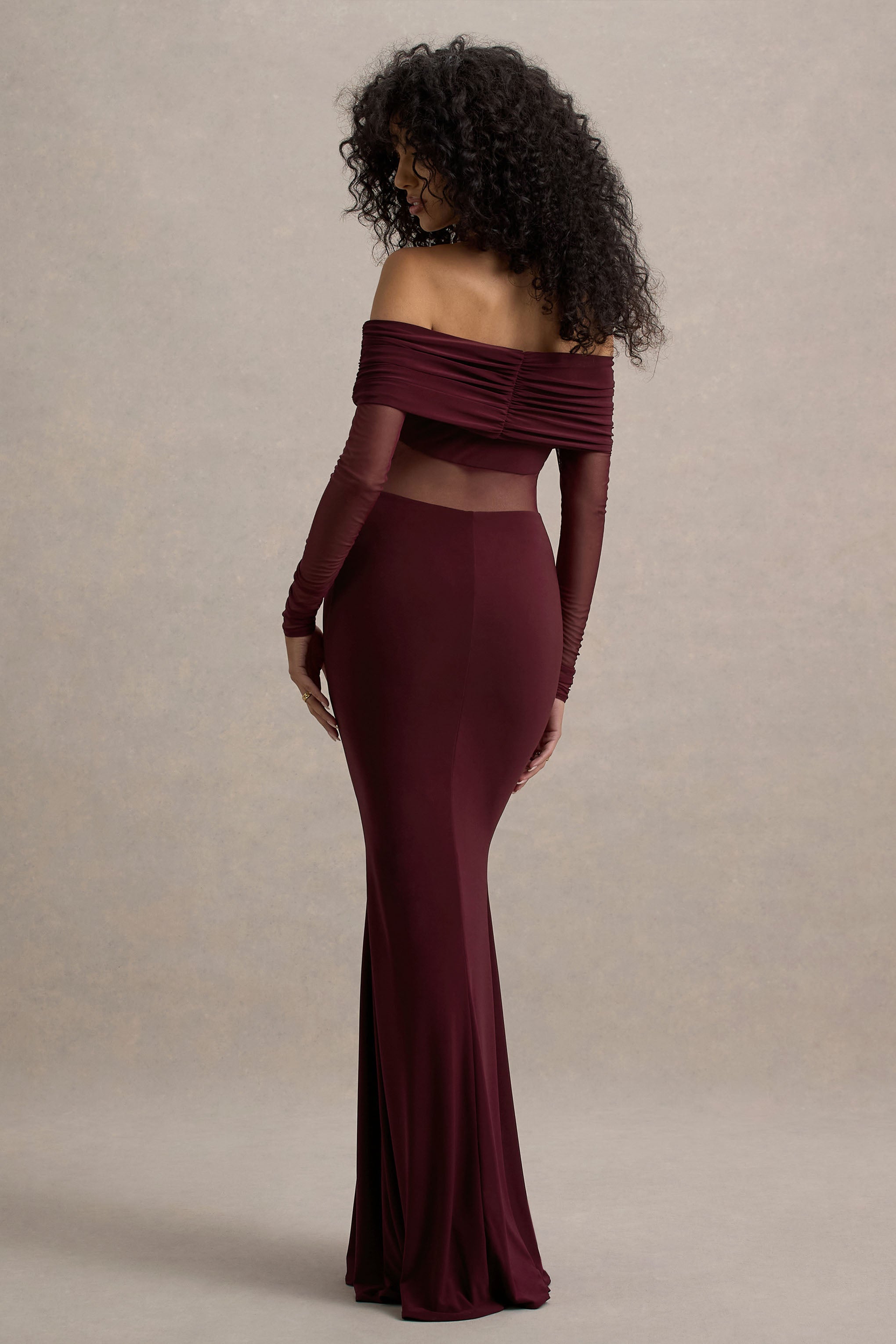 Ismeralda | Burgundy Mesh Ruched Bardot Maxi Dress