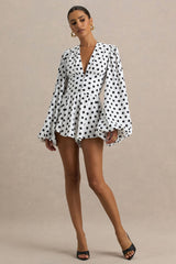 Laurel | White Polka Dot V-Neck Balloon Sleeve Playsuit