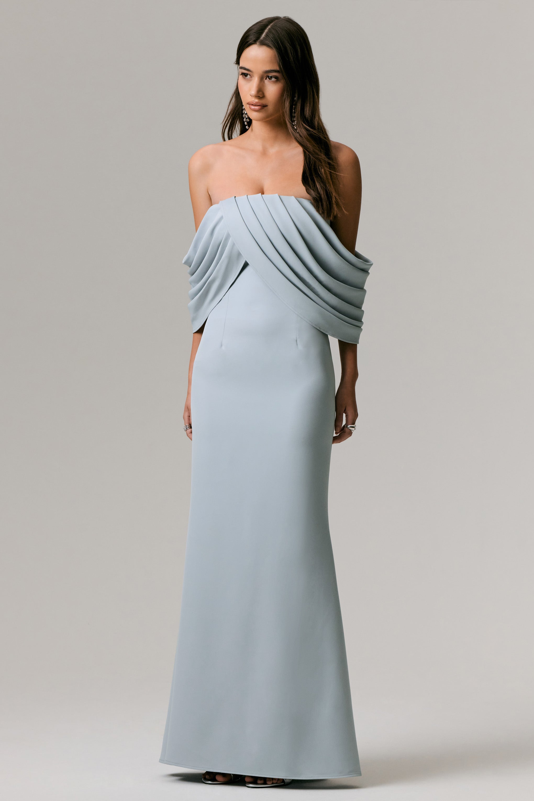 Serene | Powder Blue Draped Bardot Maxi Dress