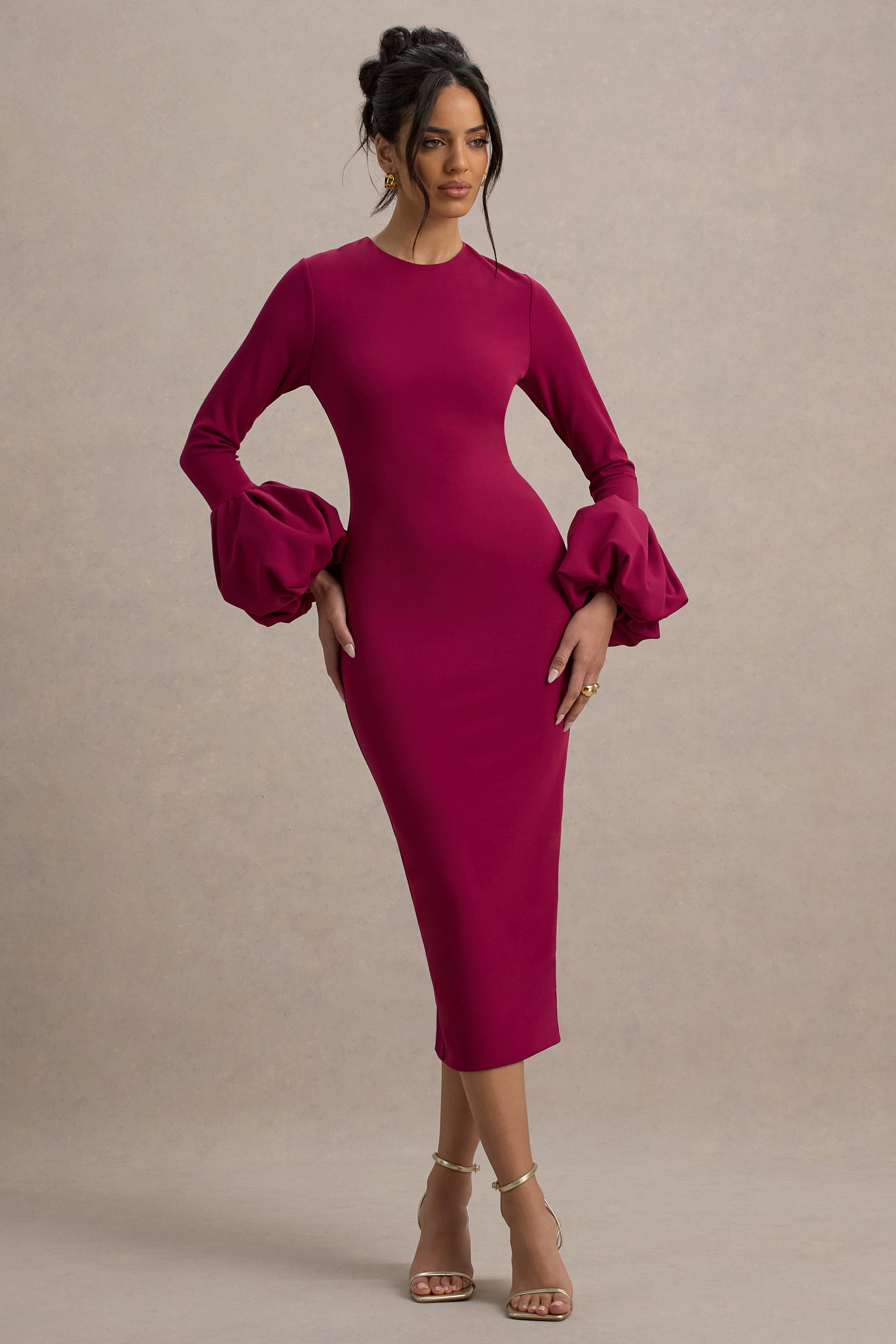 Celie | Mulberry Long-Sleeve Midi Dress With Puff Cuffs