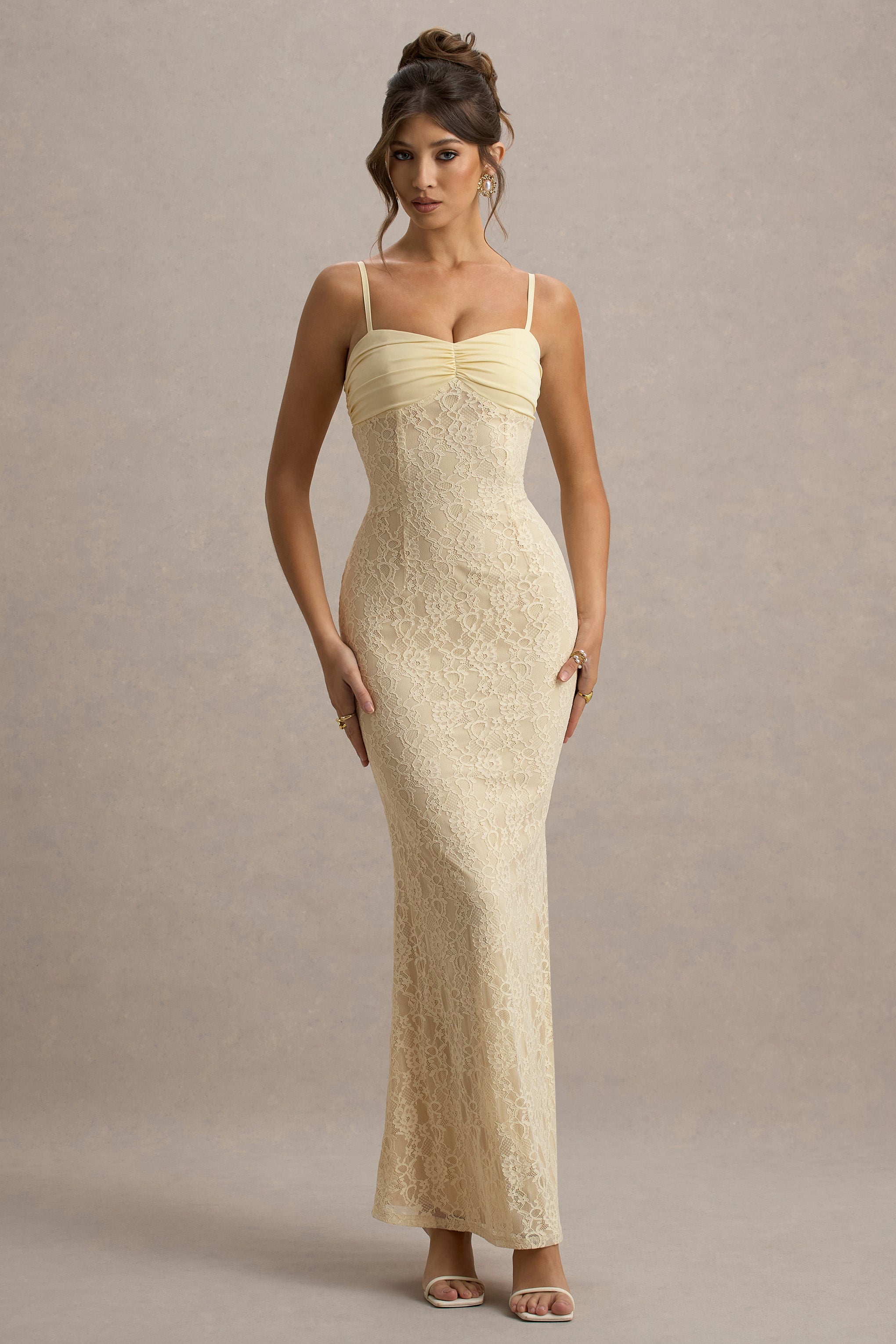 Felicia | Pale Lemon Satin Sweetheart Maxi Dress With Lace Details