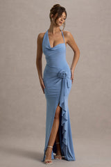 Lucena | Powder Blue Cowl-Neck Wrap Maxi Dress With Floral Drape