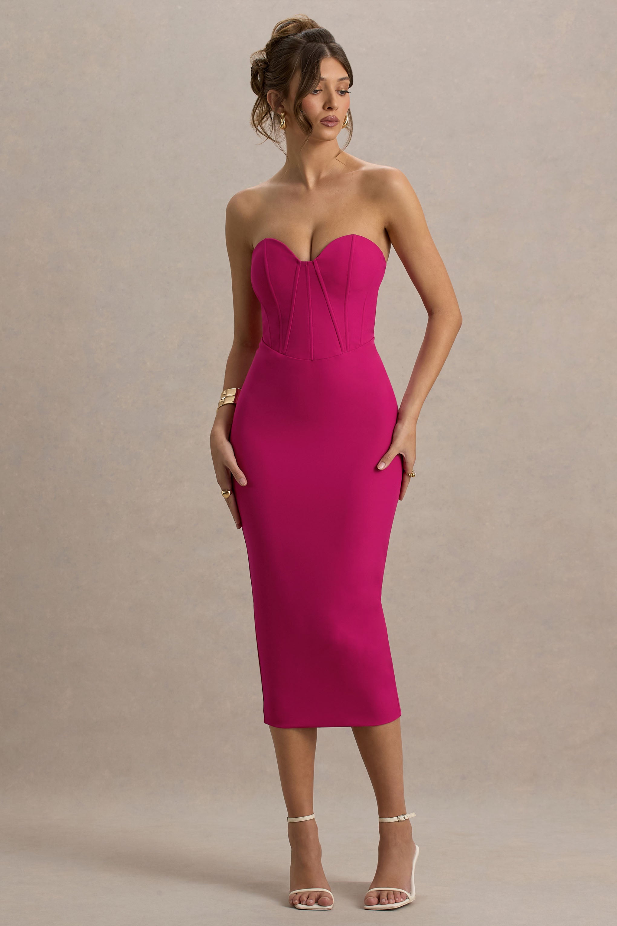 Nina | Dark Pink Structured Strapless Corset Midi Dress
