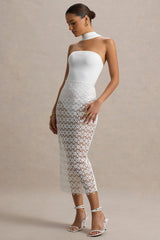 Tamala | White High-Neck Midi Dress With Lace Skirt