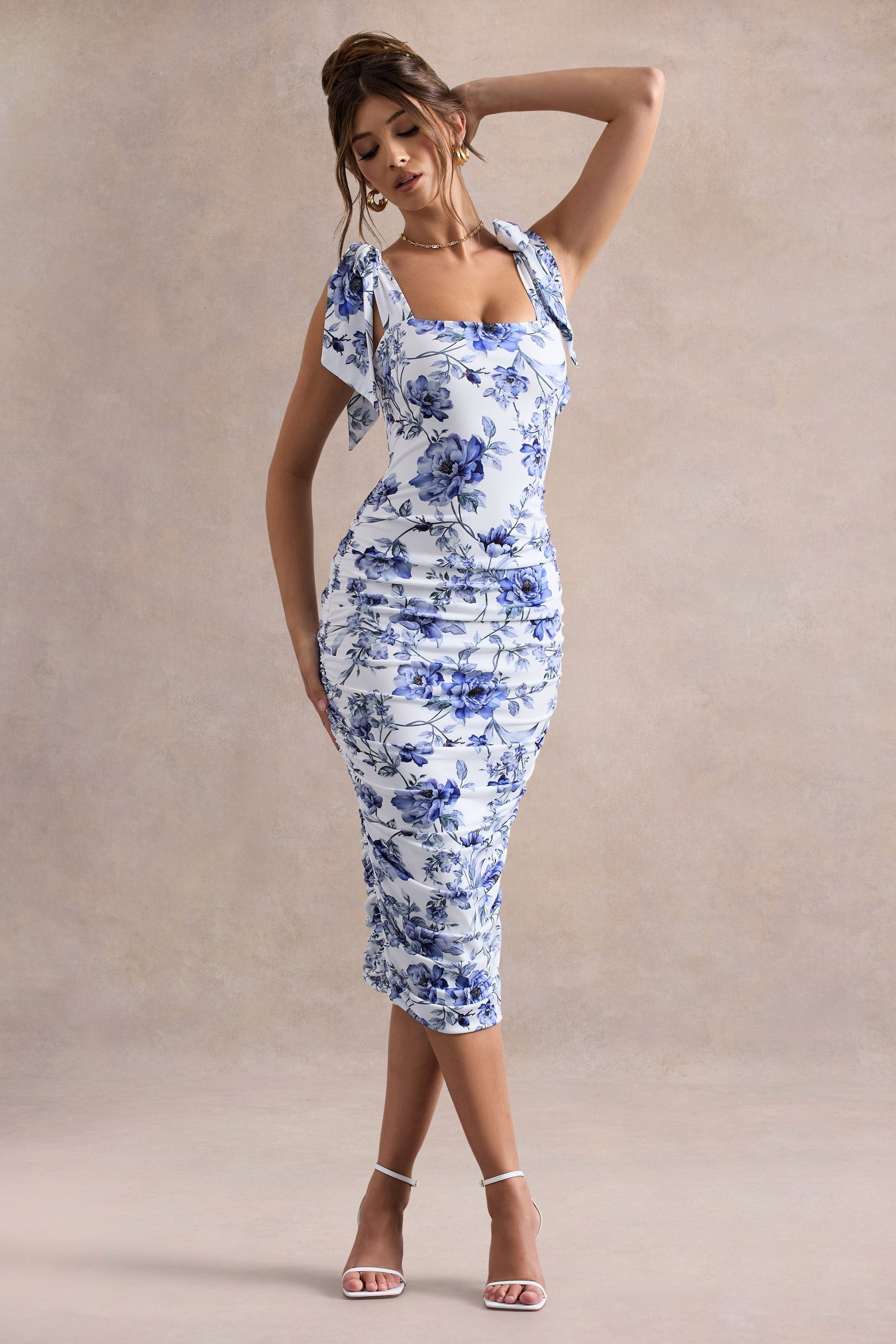 Cordelia | Blue Porcelain Print Bodycon Midi Dress With Bow Straps