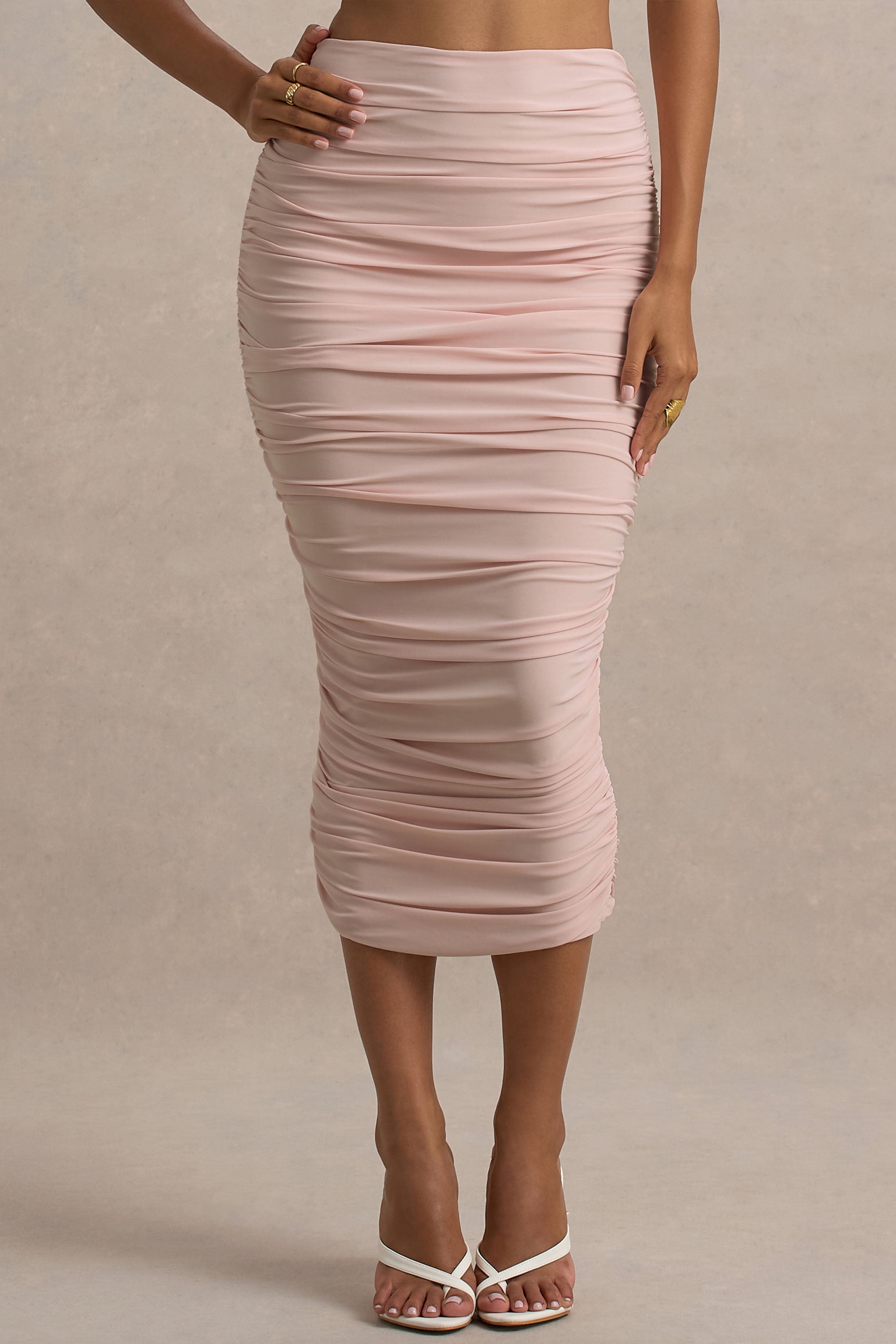 Lively | Light Pink Ruched Midi Skirt