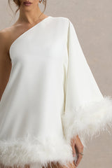 Epiphany | White One Shoulder Cape Sleeve Mini Dress With Feathers