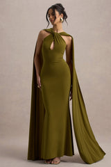 Rhoda | Green Twist Halter-Neck Cape Maxi Dress