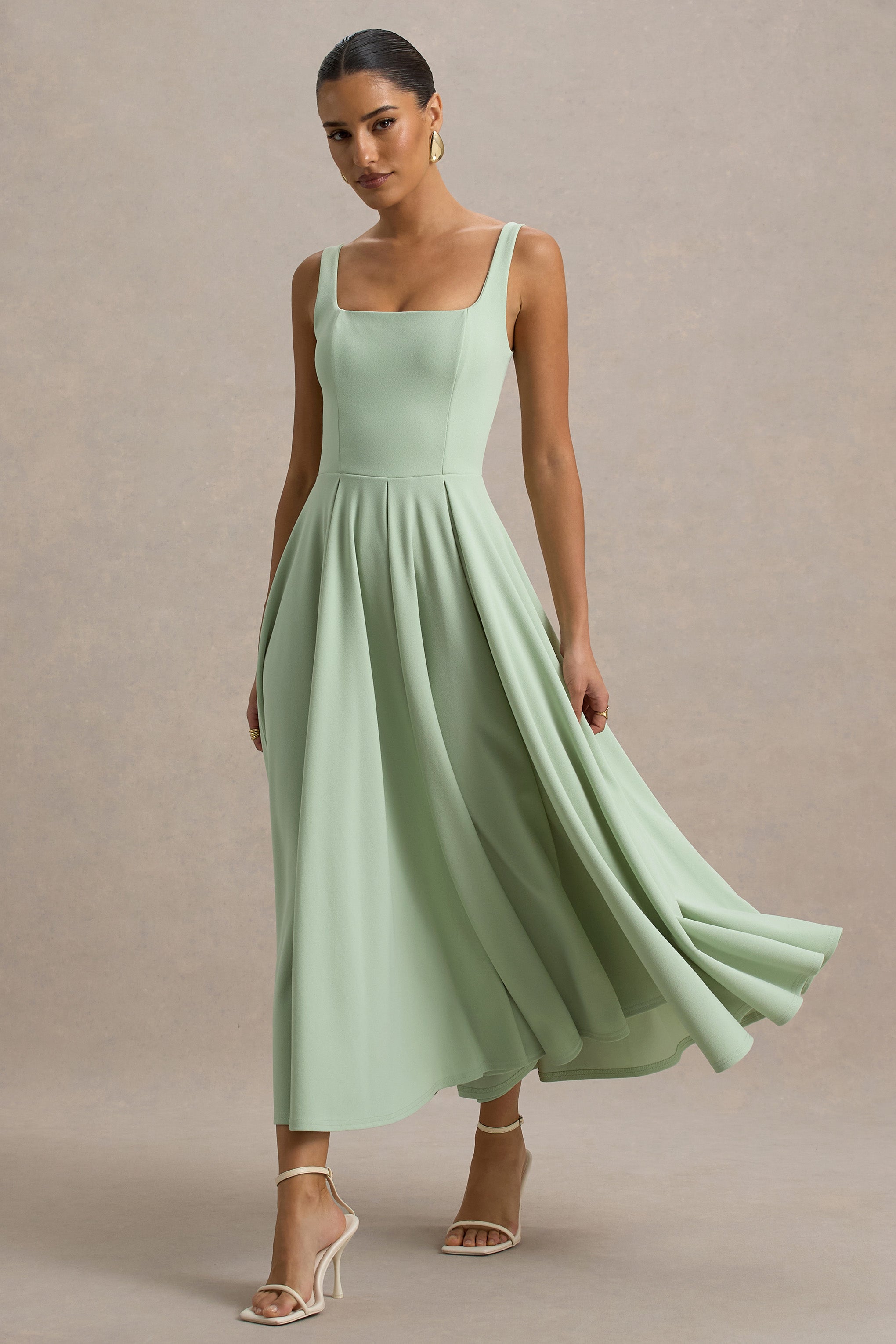 Parina | Light Green Strappy Volume-Hem Midi Dress