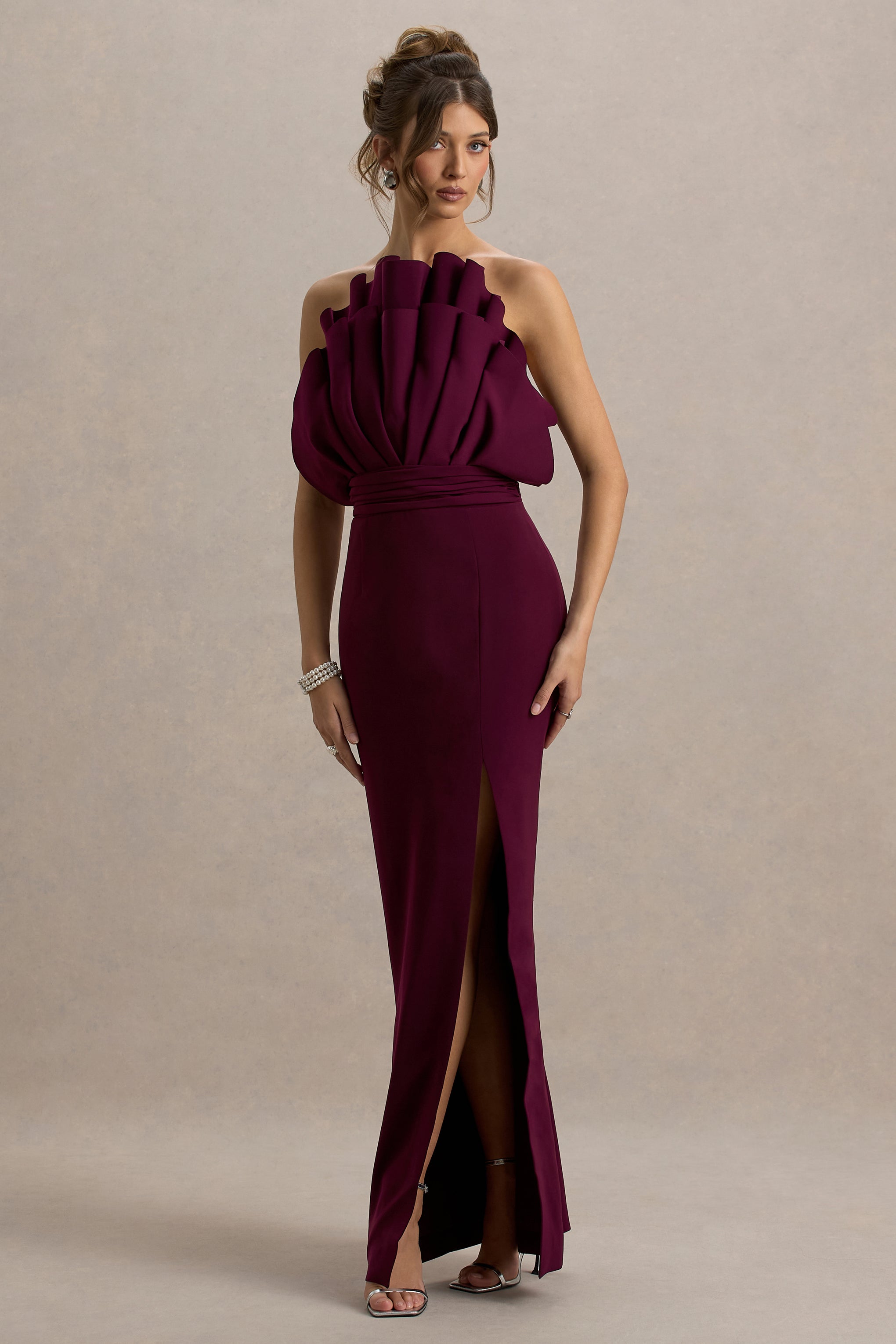 Set The Bar | Plum Ruffled Strapless Split Maxi Dress