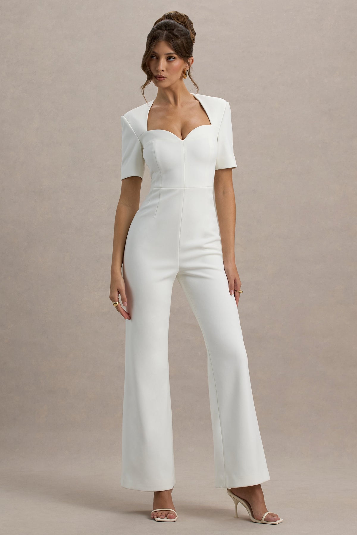 Simone | White Sweetheart Short-Sleeve Wide-Leg Jumpsuit