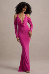 Hurghada | Hot Pink Plunge-Neck Long-Sleeve Maxi Dress