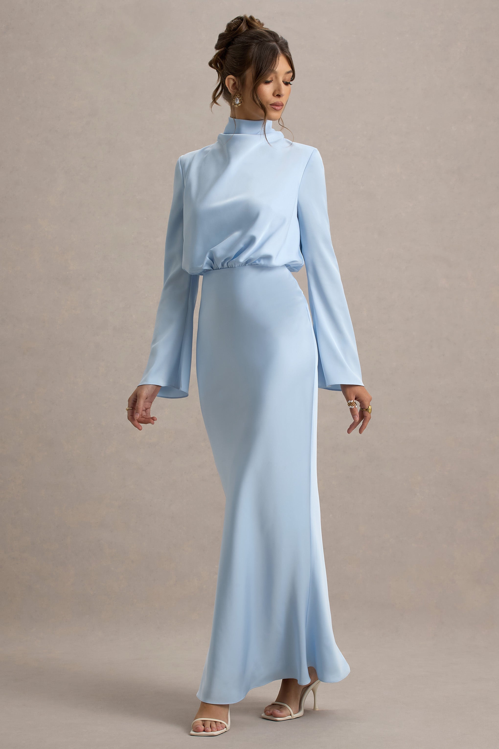 Celina | Powder Blue Satin High-Neck Maxi Dress