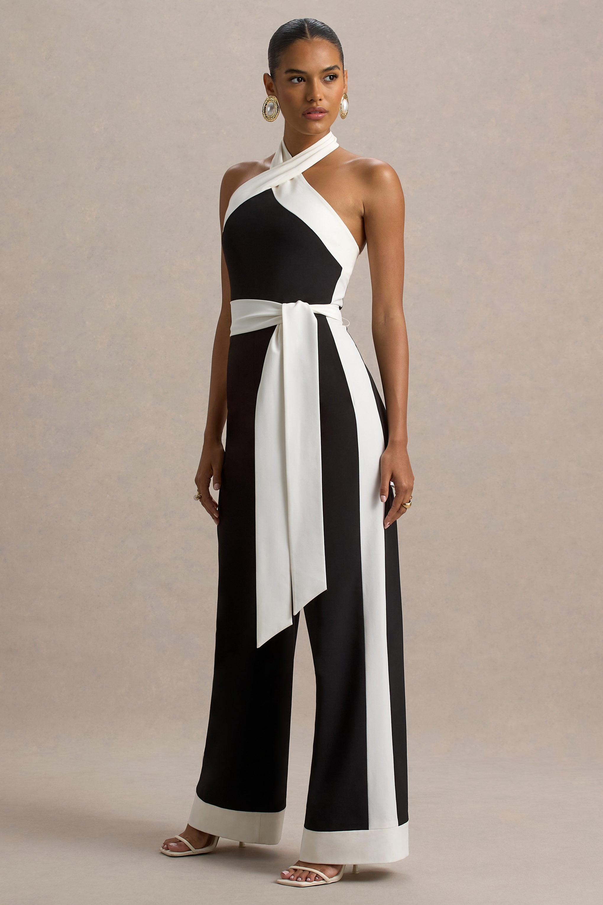Caterina | Black & White Halter-Neck Wide-Leg Jumpsuit