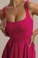 Parina | Hot Pink Strappy Volume-Hem Midi Dress